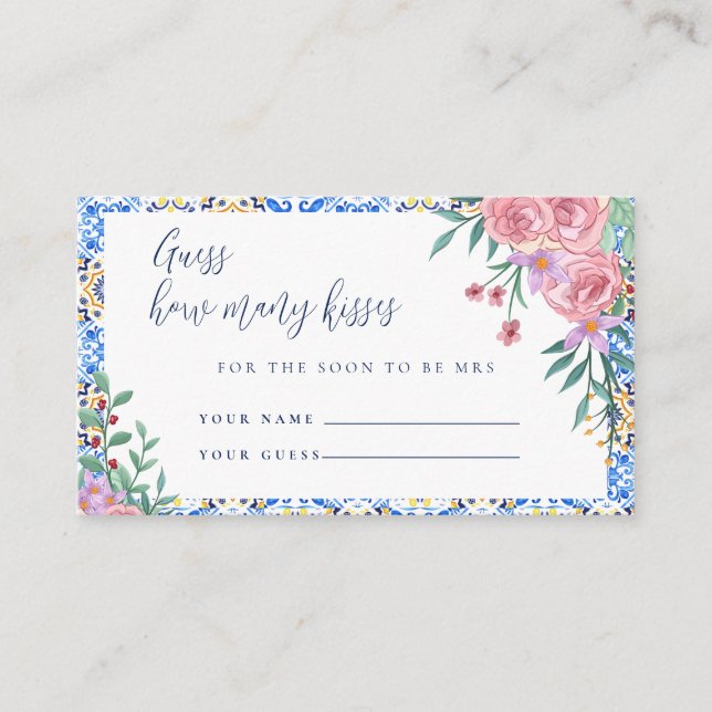 Floral Blue Tile Bridal Shower Game card (Front)