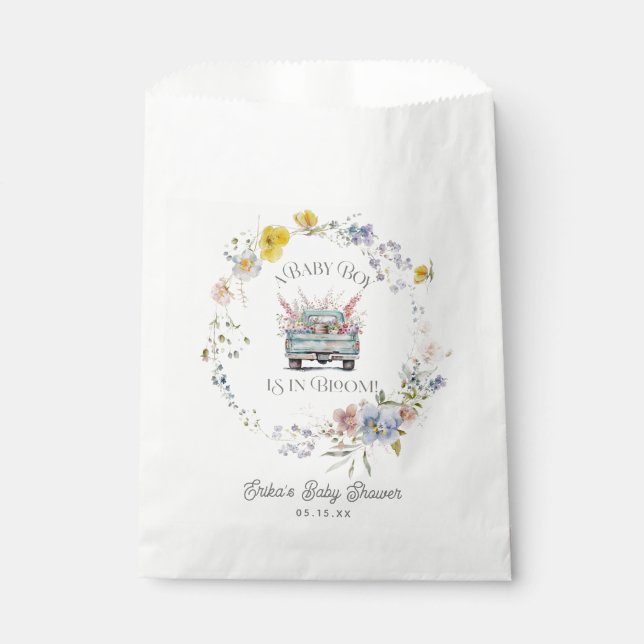 Floral Blue Truck Baby Boy in Bloom Paper  Favour Bags (Front)