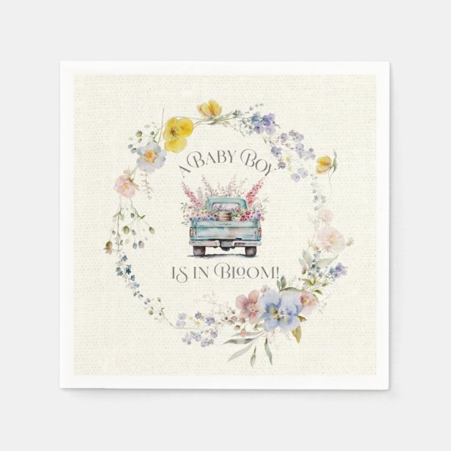 Floral Blue Truck Baby Boy in Bloom Paper Napkins (Front)