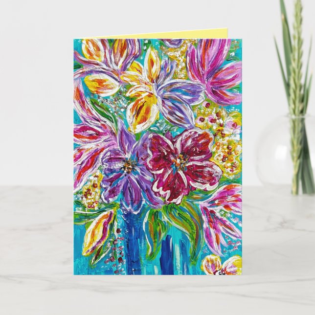 Floral "Blue Vase" Folded Greeting Card (Front)