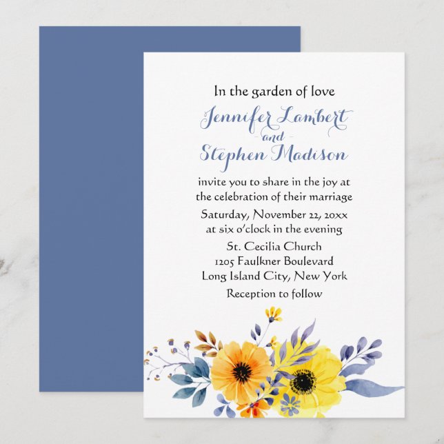 Floral Blue Wedding Watercolor Yellow Flowers Invitation (Front/Back)
