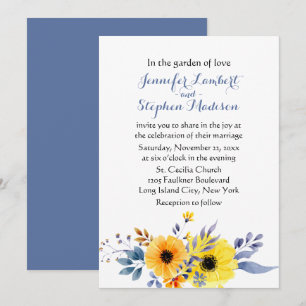 Floral Blue Wedding Watercolor Yellow Flowers Invitation