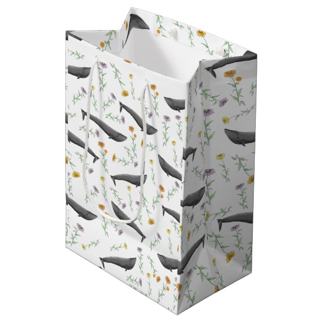 Floral Blue Whale Spring Illustration Pattern    Medium Gift Bag (Front Angled)