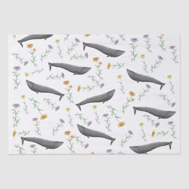 Floral Blue Whale Spring Illustration Pattern   Tissue Paper (Front)