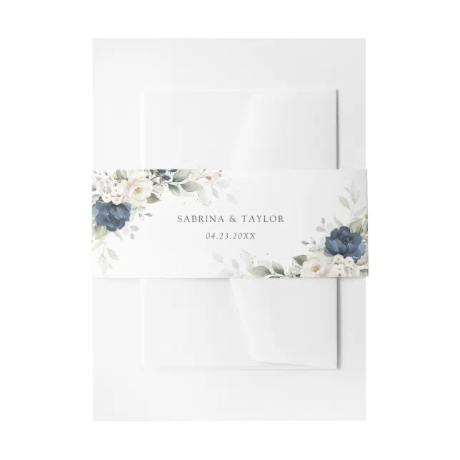 Floral Blue White Greenery Gold Elegant Wedding Invitation Belly Band ...