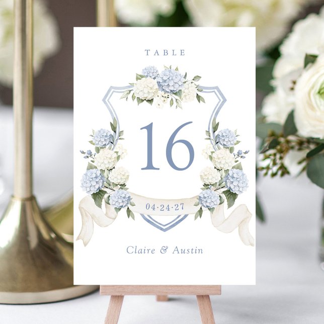 Floral Blue White Hydrangea Crest Table Number (Creator Uploaded)