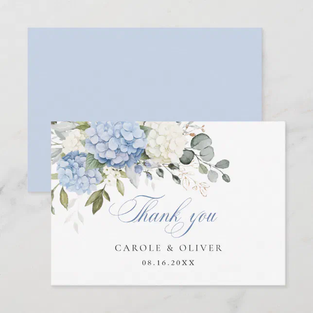 Floral Blue White Hydrangea Greenery Wedding Thank You Card | Zazzle