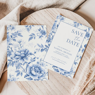 Floral Blue White Toile De Jouy Save The Date