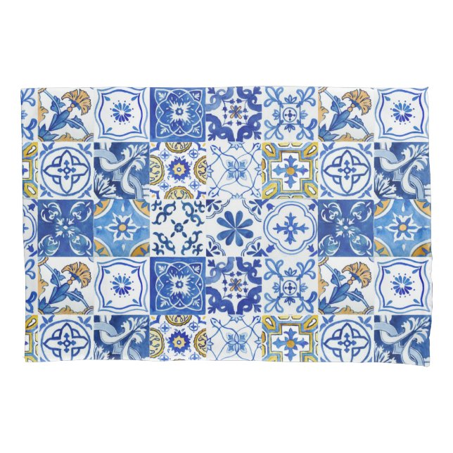 Floral Blue, White & Yellow Mediterranean Pattern Pillowcase (Front-Left)