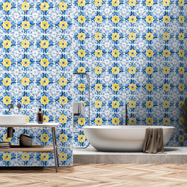 Floral Blue Yellow Mediterranean Tile Design  Wallpaper (Bathroom)