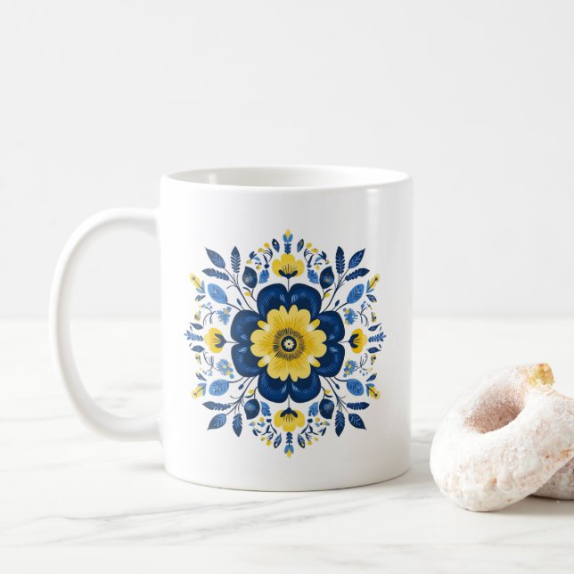 Floral Blue & Yellow Pattern Coffee Mug (With Donut)