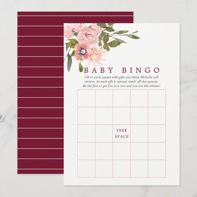 Floral Blush and Burgundy Baby Shower Baby Bingo Invitation (Front/Back)