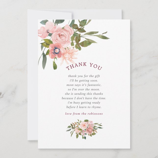 Floral Blush and Burgundy Baby Shower Thank You Card (Front)