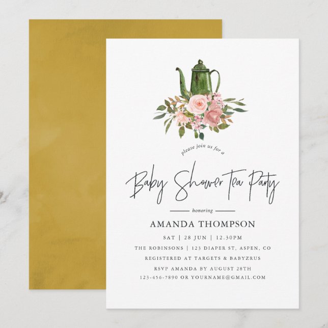 Floral Blush and Gold Baby Shower Tea Party Invitation (Front/Back)
