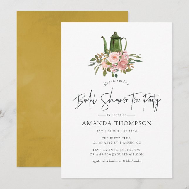 Floral Blush and Gold Bridal Shower Tea Party Invitation (Front/Back)