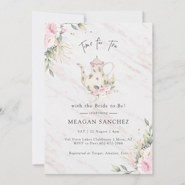 Floral Blush and Gold Bridal Shower Tea Party  Invitation (Front)