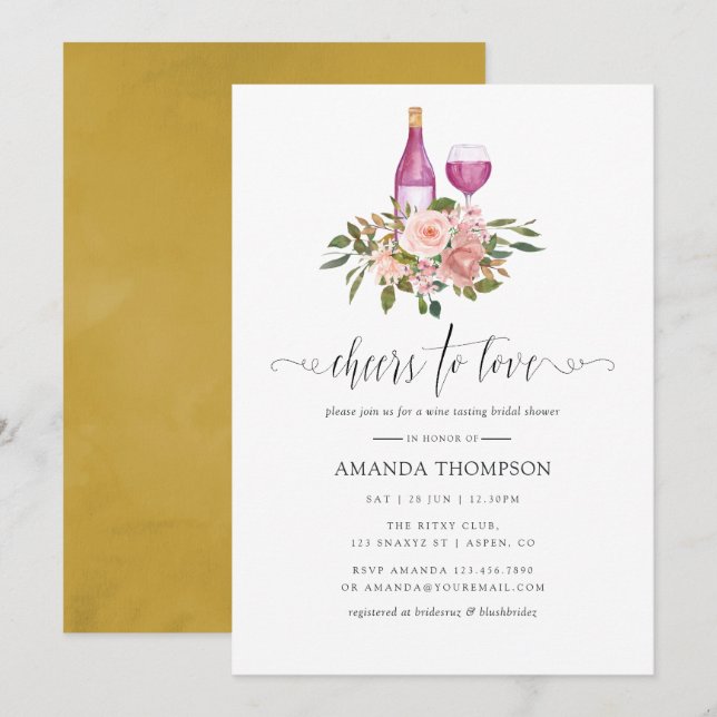 Floral Blush and Gold Bridal Shower Wine Tasting Invitation (Front/Back)