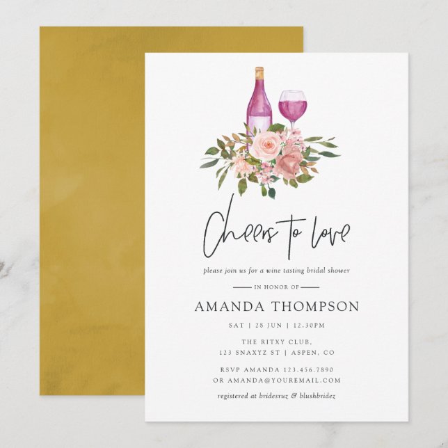 Floral Blush and Gold Bridal Shower Wine Tasting Invitation (Front/Back)