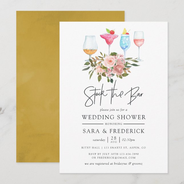 Floral Blush and Gold Stock the Bar Invitation (Front/Back)
