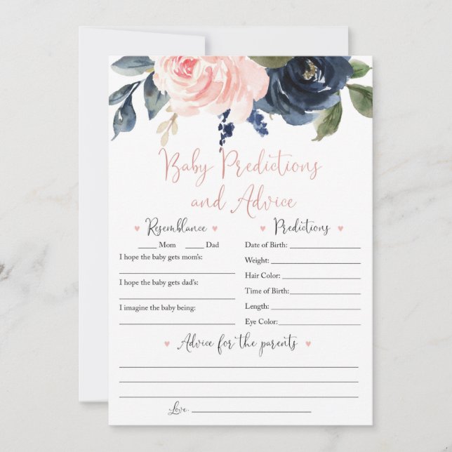 Floral Blush and Navy Baby Predictions and Advice Invitation (Front)