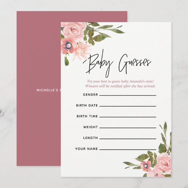 Floral Blush and Rose Gold Baby Predictions Game Invitation (Front/Back)