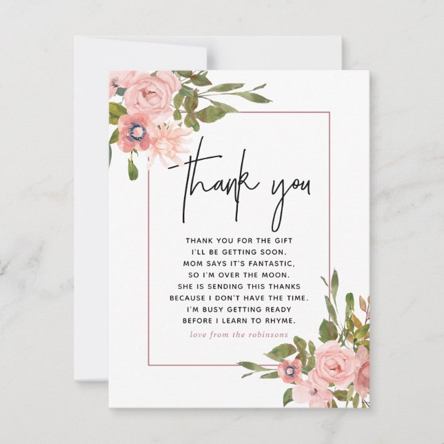 Floral Blush and Rose Gold Baby Shower Thank You Card (Front)
