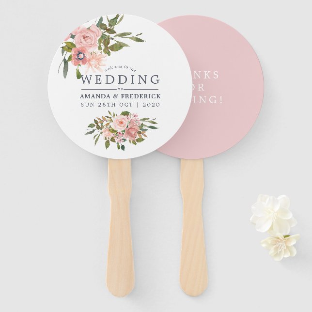 Floral Blush and Rose Gold Wedding Favour Hand Fan (Front and Back)
