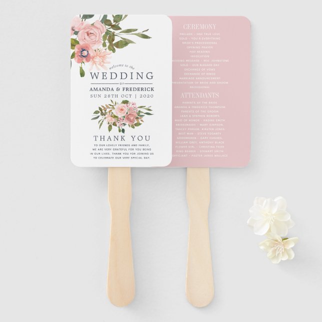 Floral Blush and Rose Gold Wedding Program Hand Fan (Front and Back)