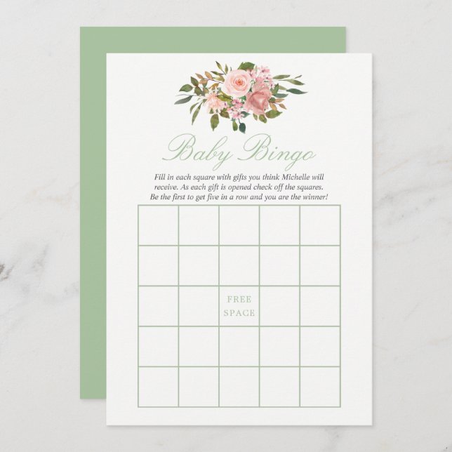 Floral Blush and Sage Baby Shower Baby Bingo Invitation (Front/Back)
