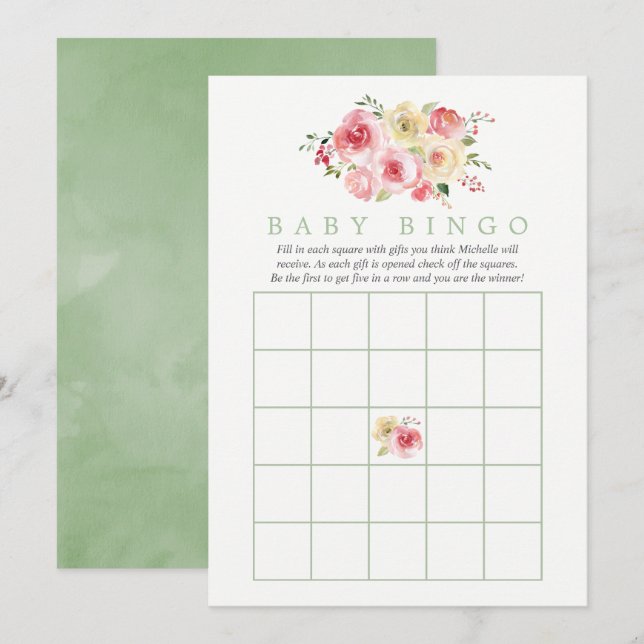 Floral Blush and Sage Baby Shower Baby Bingo Invitation (Front/Back)