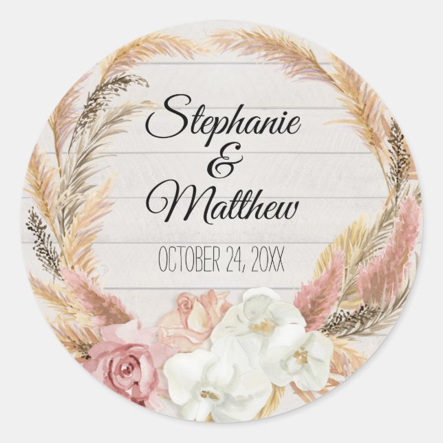 Floral Blush Boho Pampas Palm Rustic Wood Wedding Classic Round Sticker (Front)