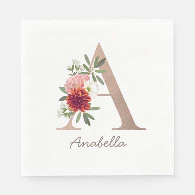 Floral blush bouquet personalised letter " A" Napkin (Front)