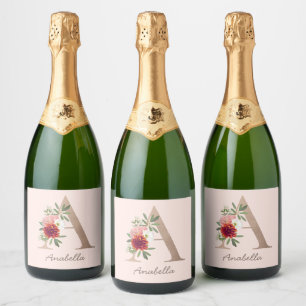 Floral blush bouquet personalised letter " A" Sparkling Wine Label