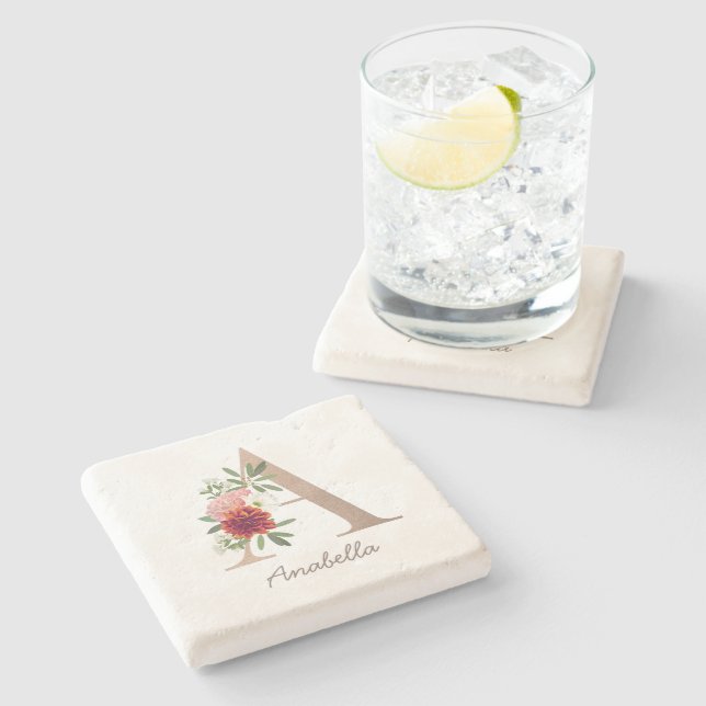 Floral blush bouquet personalised letter " A" Stone Coaster (Side)
