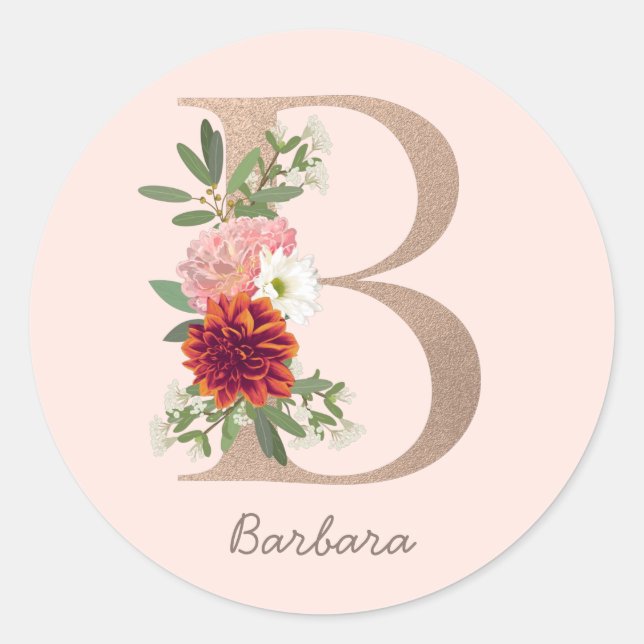 Floral blush bouquet personalised letter " B " Classic Round Sticker (Front)