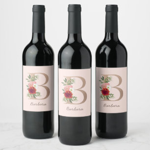 Floral blush bouquet personalised letter " B " Wine Label