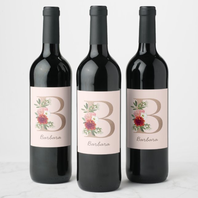 Floral blush bouquet personalised letter " B " Wine Label (Bottles)