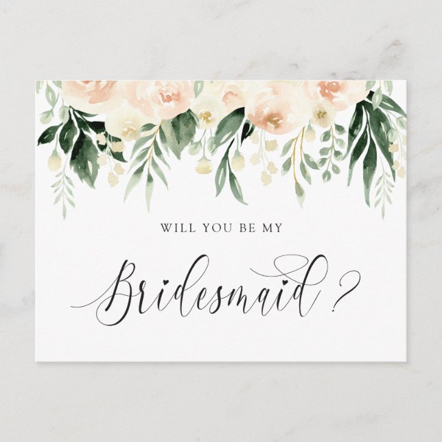 Floral Blush Bouquet Will You Be My Bridesmaid Holiday Postcard (Front)