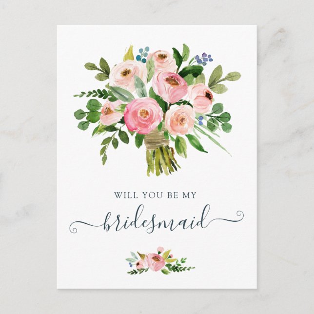 Floral Blush Bouquet Will You Be My Bridesmaid Holiday Postcard (Front)