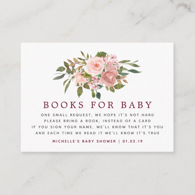 Floral Blush & Burgundy Baby Shower Book Request Enclosure Card (Front)