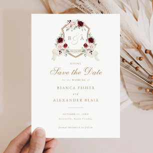Floral Blush Burgundy Crest Wedding Save the Date Invitation