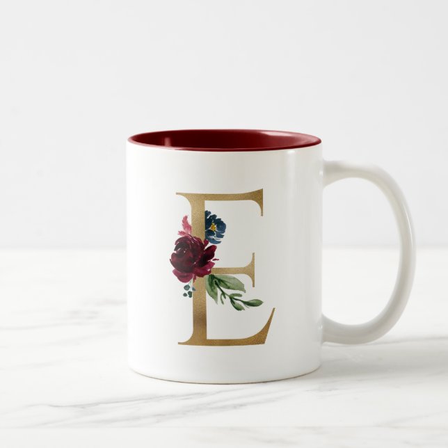 Floral Blush Burgundy Gold Monogram Personalised Two-Tone Coffee Mug (Right)