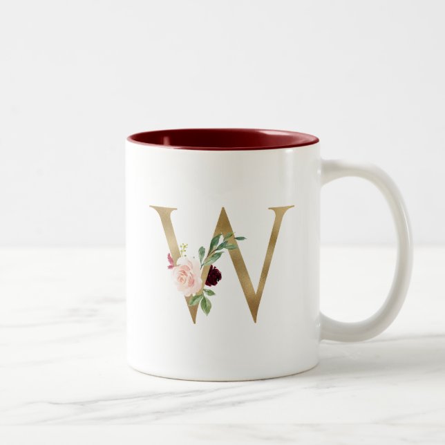 Floral Blush Burgundy Gold Monogram Personalised Two-Tone Coffee Mug (Right)