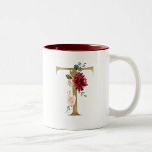Floral Blush Burgundy Gold Monogram Personalised Two-Tone Coffee Mug