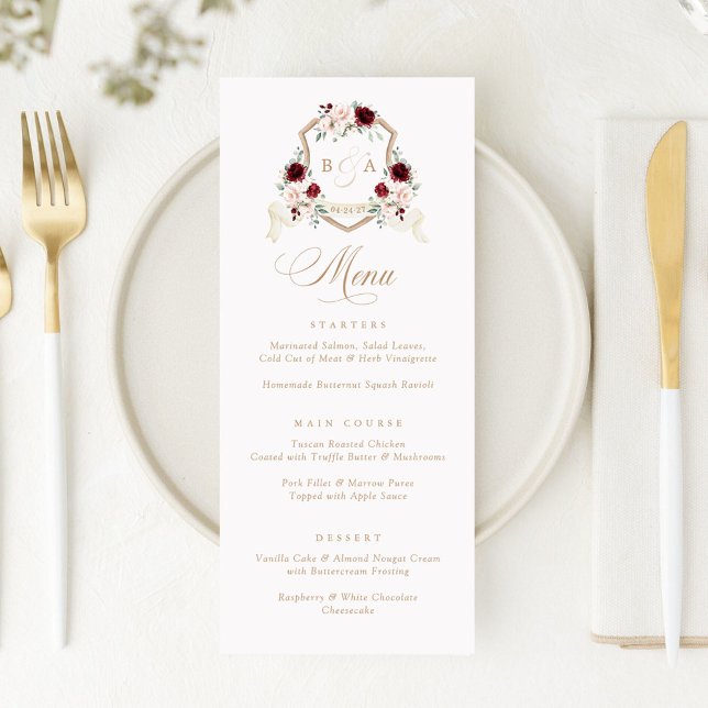 Floral Blush Burgundy Greenery Crest Wedding Menu (Creator Uploaded)