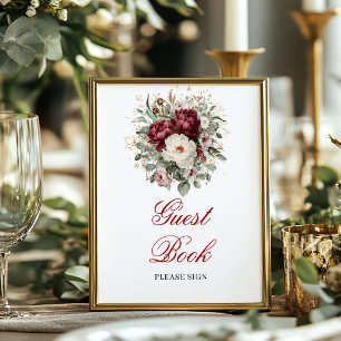 Floral Blush Burgundy Guest Book Poster Sign
