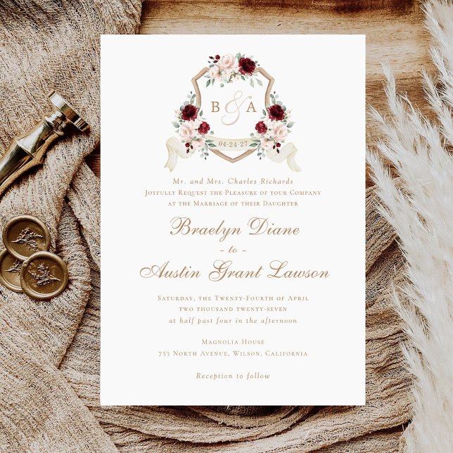 Floral Blush Burgundy Monogram Crest Wedding Invitation (Creator Uploaded)
