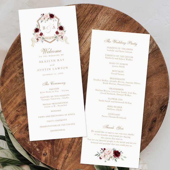 Floral Blush Burgundy Monogram Crest Wedding Programme (Creator Uploaded)