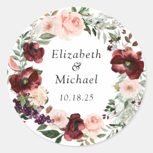 Floral Blush Burgundy Poppy Greenery Classic Round Sticker