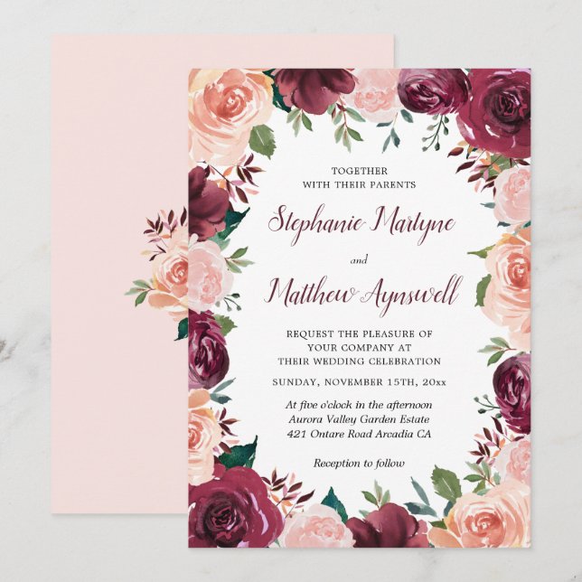 Floral Blush Burgundy Rose Border Wedding Invitation (Front/Back)